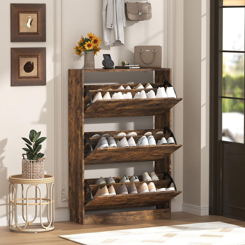 47'' Shoe Cabinet 3 Flip Drawers Slim Wood Storage Rack Organizer Entryway Brown10