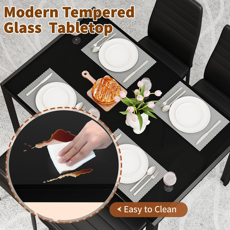 5 Piece Glass Dining Table Black 4 Chairs Upholstered Faux Leather Easy Assembly3