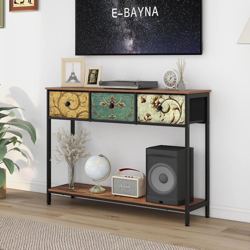 Entryway Console Table Rustic Brown Boho Sofa Table 3 Fabric Drawers Shelf2