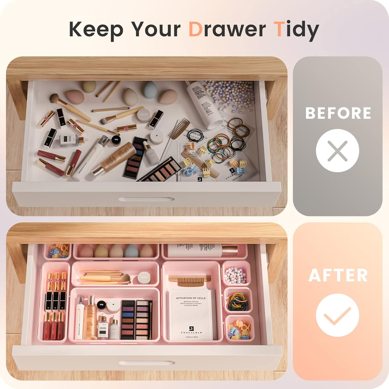 Drawer Organizer Makeup Storage 5 Size Holds 177 Items Pink3
