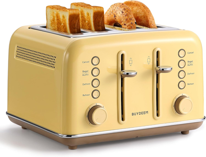 Retro 4 Slice Toaster 1800W Extra Wide Slots 7 Shade Bagel Stainless Yellow0