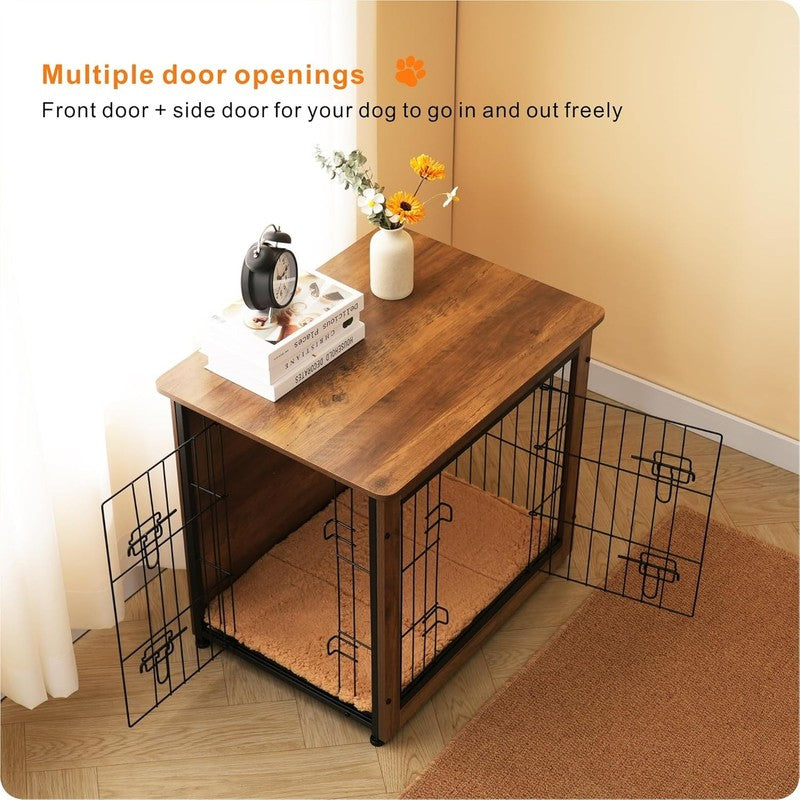 Dog Crate Furniture Table w/Cushion Wooden Kennel Double Door 27.2" Warm Brown1