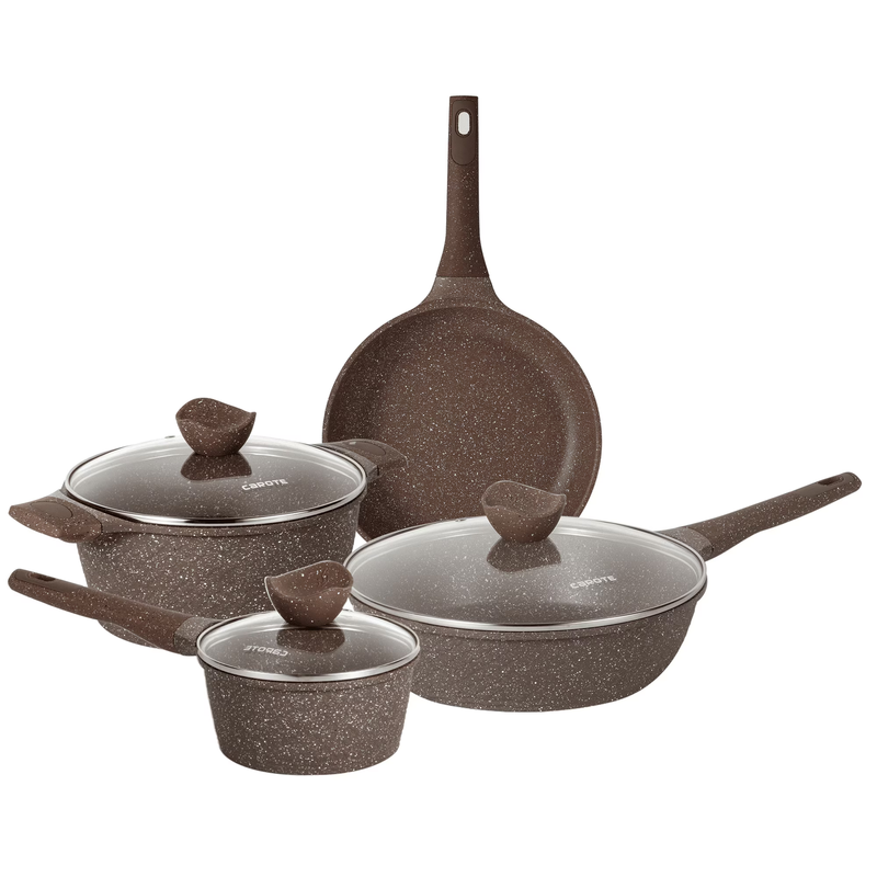 Non Stick Pots and Pans Set, 7Pcs Induction Kitchen Cookware Sets (Brown)7