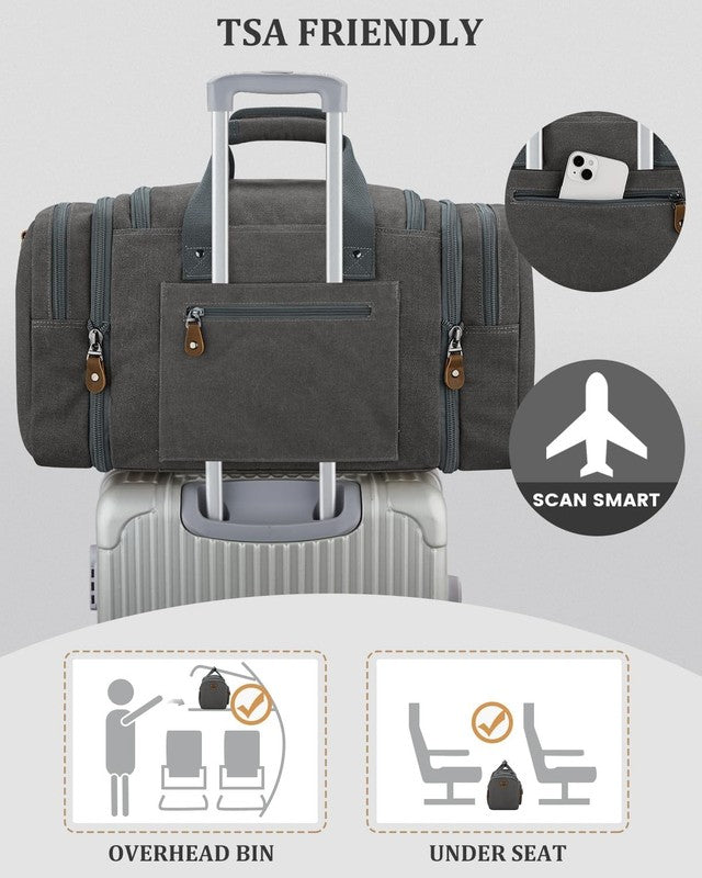 Expandable 60L Canvas Duffle Bag Grey Travel Gym Weekender Carry On6