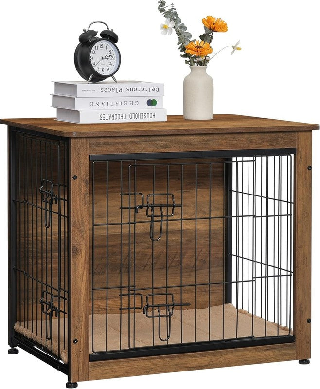 Dog Crate Furniture Table w/Cushion Wooden Kennel Double Door 27.2" Warm Brown8