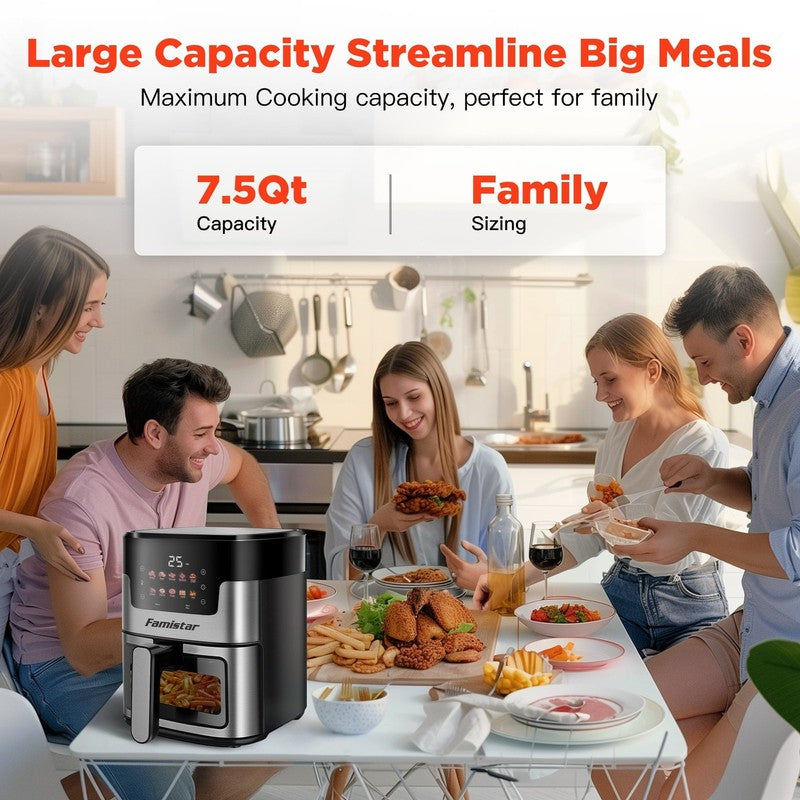 7.5QT Air Fryer Oven, 10-in-1, LED Touch, 10 Presets, w/ Basket & 100 Liners6