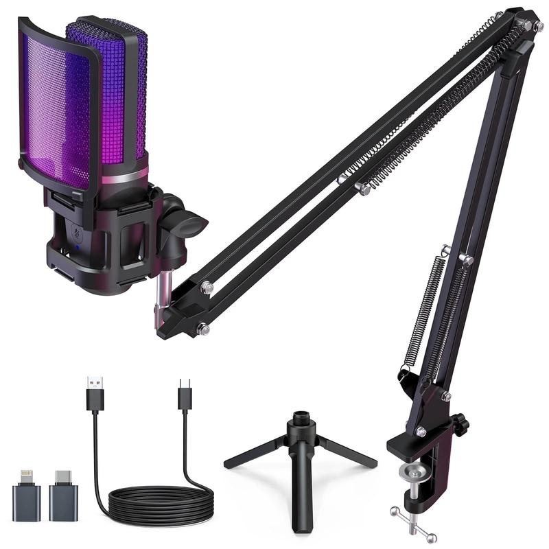 Gaming USB Microphone RGB Noise Cancel Mute Gain Boom Arm Pop Filter PC Podcast10