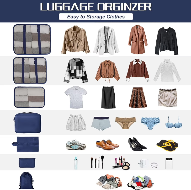 Packing Cubes 9 Set Travel Organizers Clothes Shoes Toiletry Bag Navy1