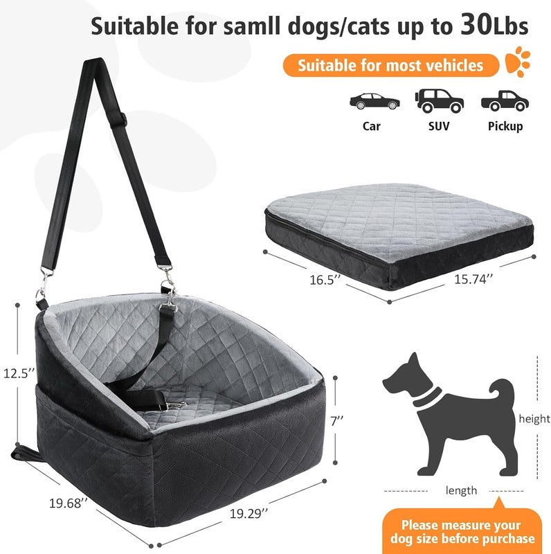 Dog Car Seat Small Dogs under 30lbs Washable Booster w/ Pockets Black/Grey1