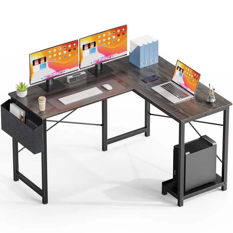 49" Modern L Shaped Computer Desk w/ Storage Shelf & Side Bag Gray0