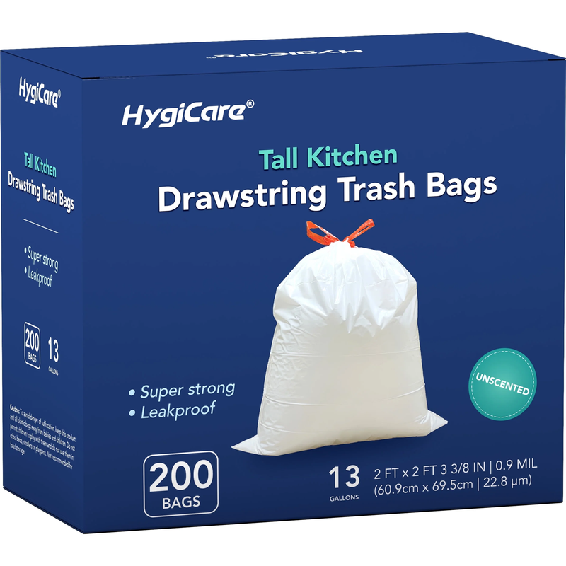 Super Strong 13 Gallon Drawstring Trash Bags   200 Count, Leakproof, Unscented0