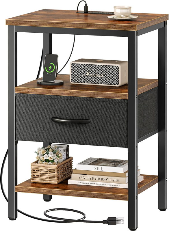 Nightstand with Charging Station, Bed Side Table with Adjustable Fabric Drawer0