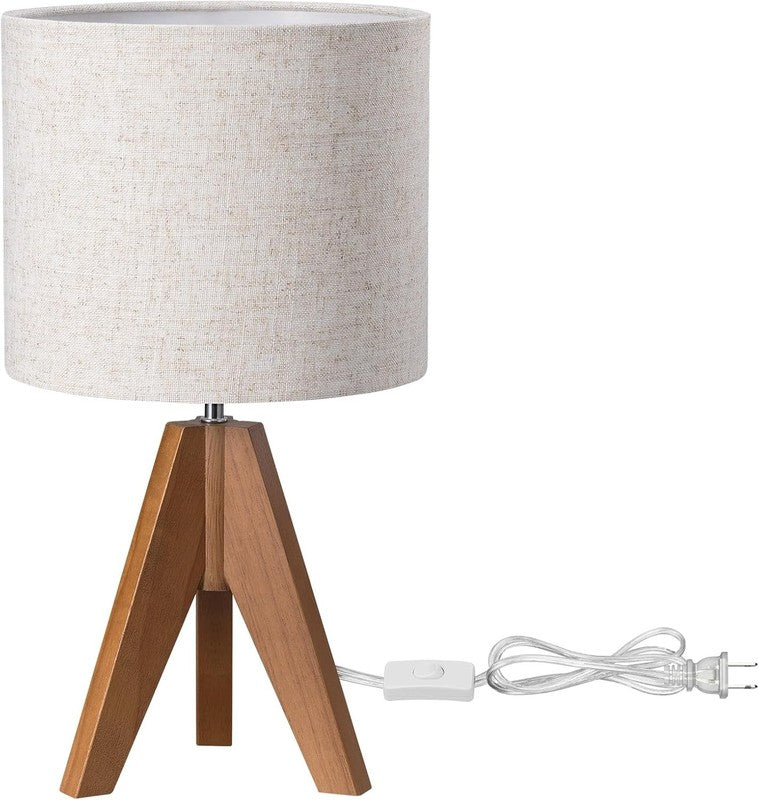 Tripod Table Lamp Small Bedside Lamp Linen Shade Wood Base 14.2in E267