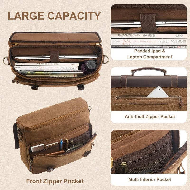 Mens Waxed Canvas Messenger Bag 16 Laptop Briefcase Leather Waterproof Satchel4