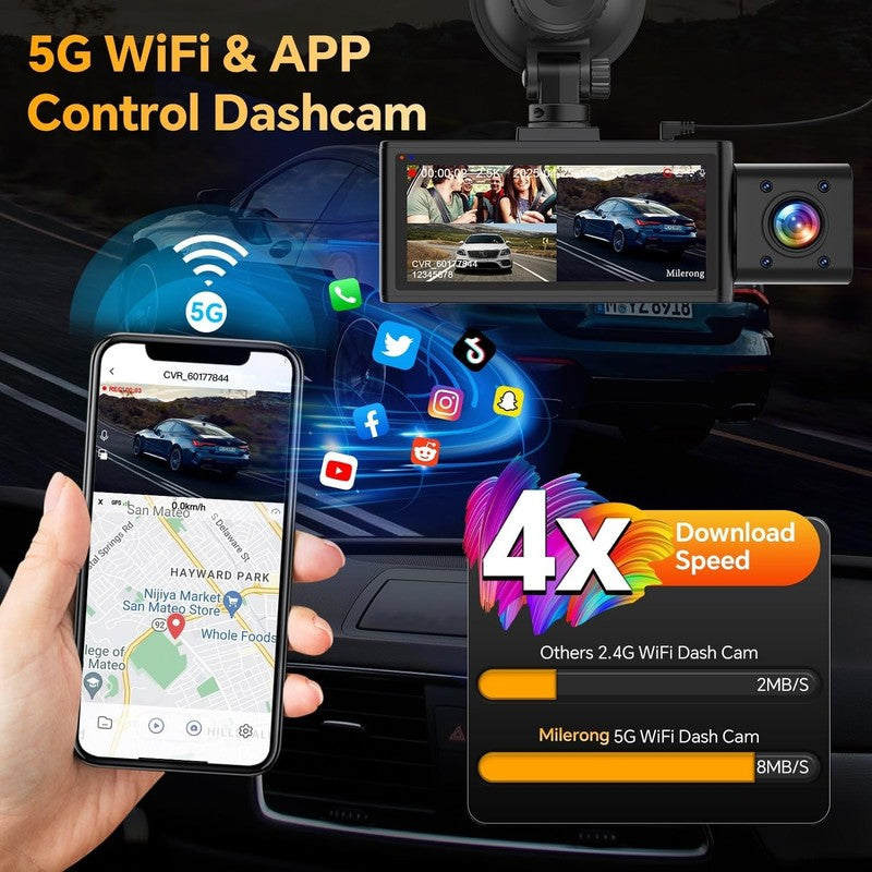 3 Channel Dash Cam Front Rear Inside 2.5K WiFi Car Camera IR Night 64GB Card3