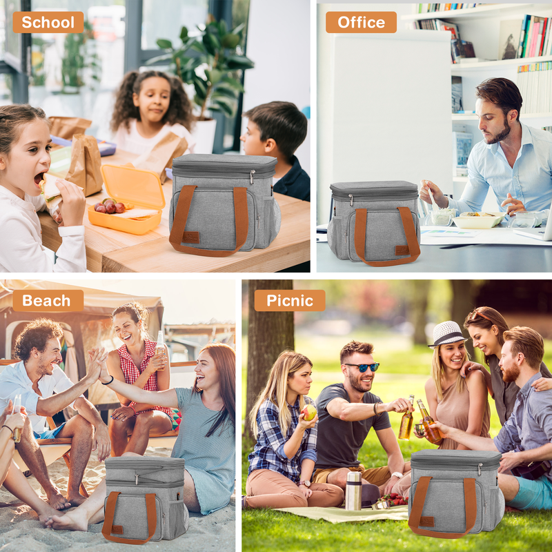 17L Insulated Lunch Bag Expandable Double Deck Cooler Tote Leakproof Work Gray2