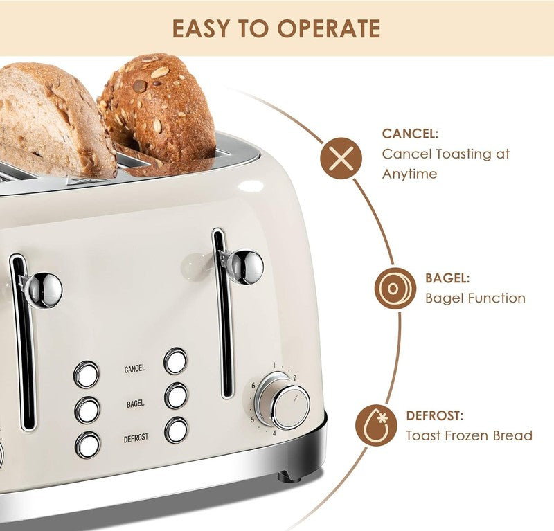 Retro 4 Slice Toaster Cream ST033 - Wide Slots, Bagel, Defrost, 6 Settings3