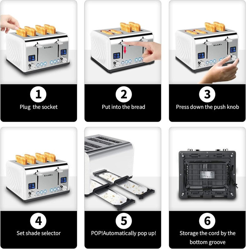 4 Slice Toaster White - Stainless Steel, LCD Timer, Wide Slots, Dual Display4