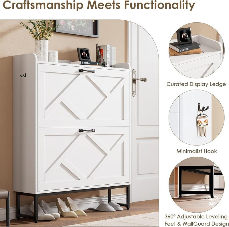 Shoe Cabinet 2 Flip Drawers Freestanding Narrow Rack Entryway Foyer White5
