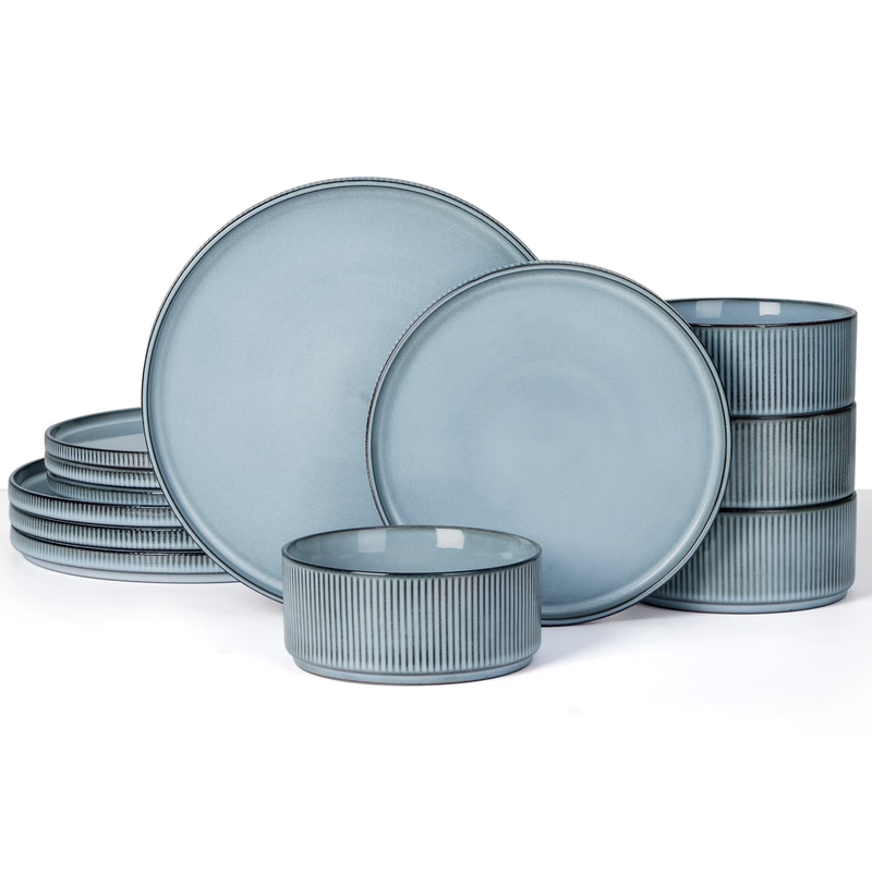 12Pc Stoneware Dinnerware Set for 4 Ribbed Plates Bowls Smoky Blue11