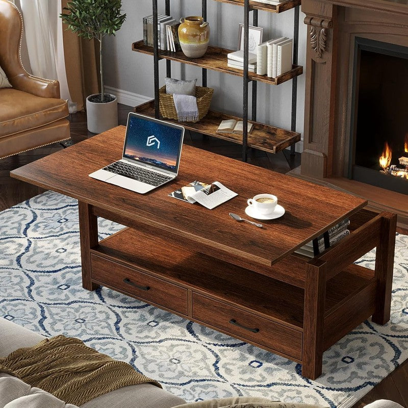 Lift Top Coffee Table w/ Drawers Hidden Compartment Retro Wooden Espresso1