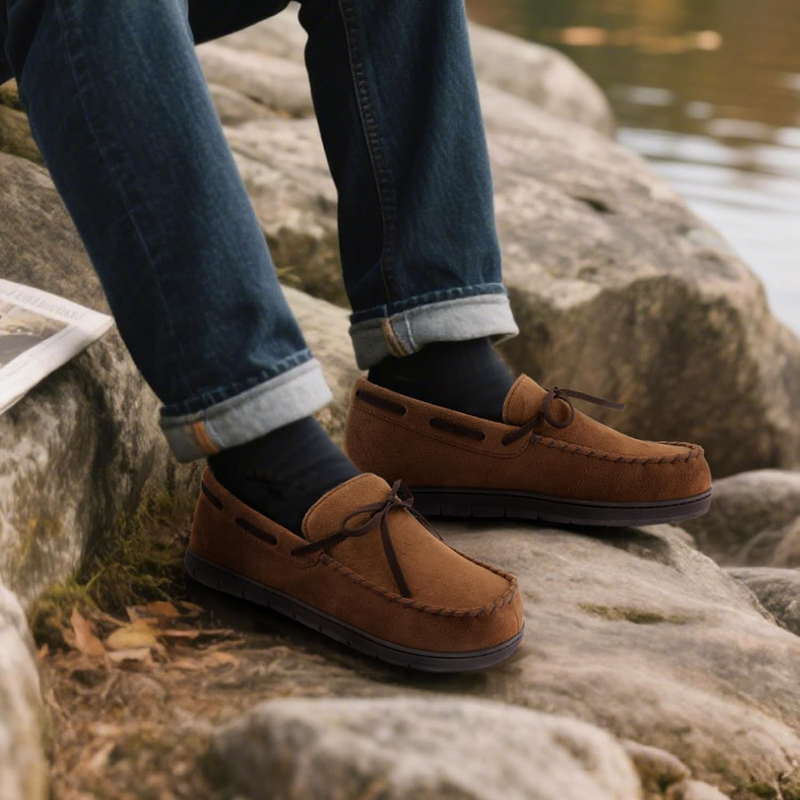 Mens Moccasin Slippers Memory Foam Indoor Outdoor Anti Slip House Shoes3