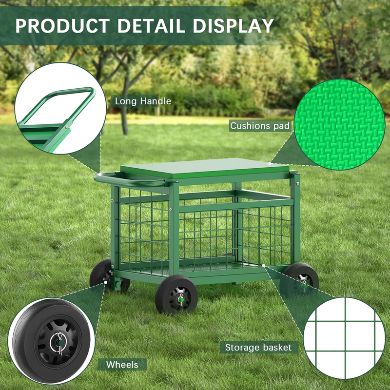 Rolling Garden Work Seat with Wheels, Upgraded Heavy Duty Gardenning Cart with S8