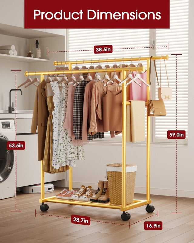 Clothes Rack with Double Hanging Rods and Bottom Shelf, Rolling Metal Garment Ra3