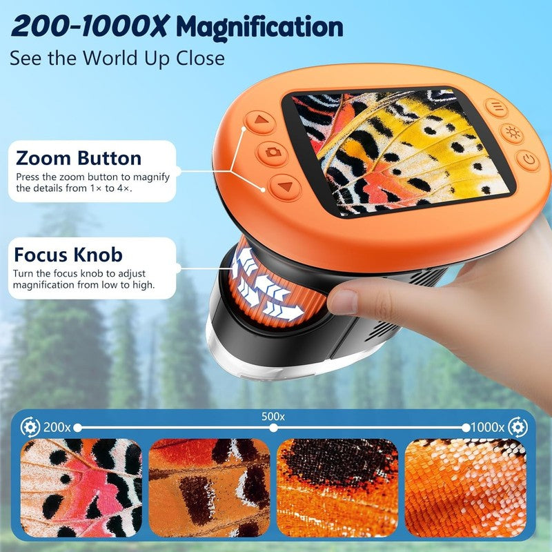 Kids 1000X Handheld Digital Microscope 4K 2.4" Display w/ 12 Slides – Orange4