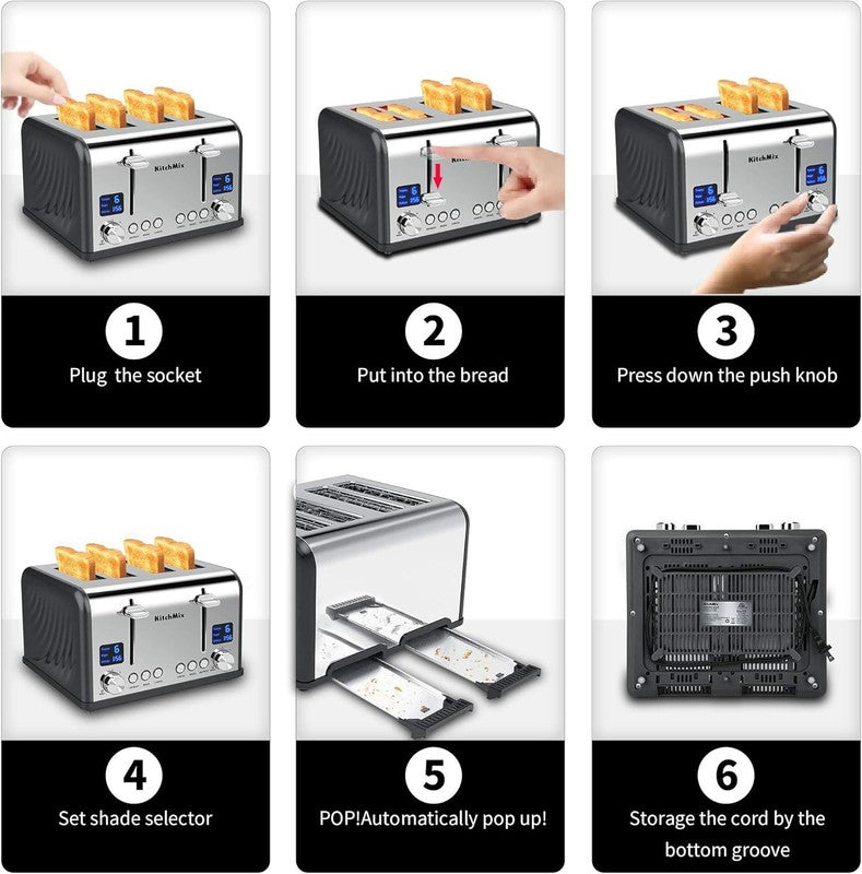 4 Slice Toaster Gray - Stainless Steel, LCD Timer, Wide Slots, Dual Screen4