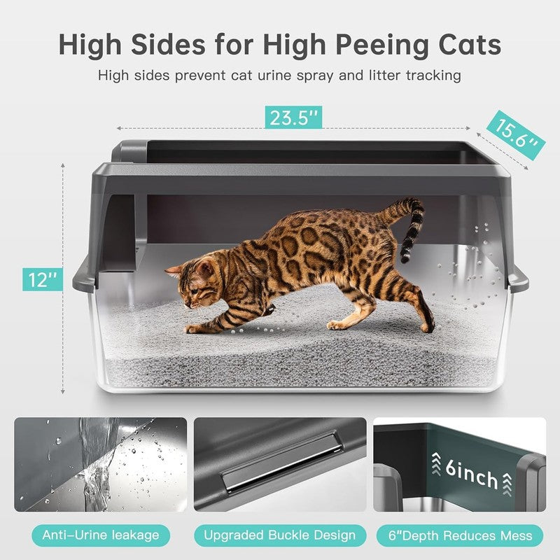 Enclosed Stainless Steel Cat Litter Box with Lid, XL Extra Large Litter Box for 3