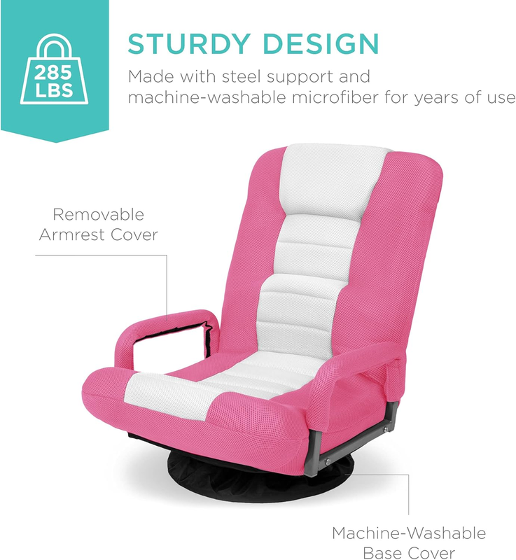 Gaming Floor Rocker Chair 360° Swivel, Lumbar Support, Pink/White5