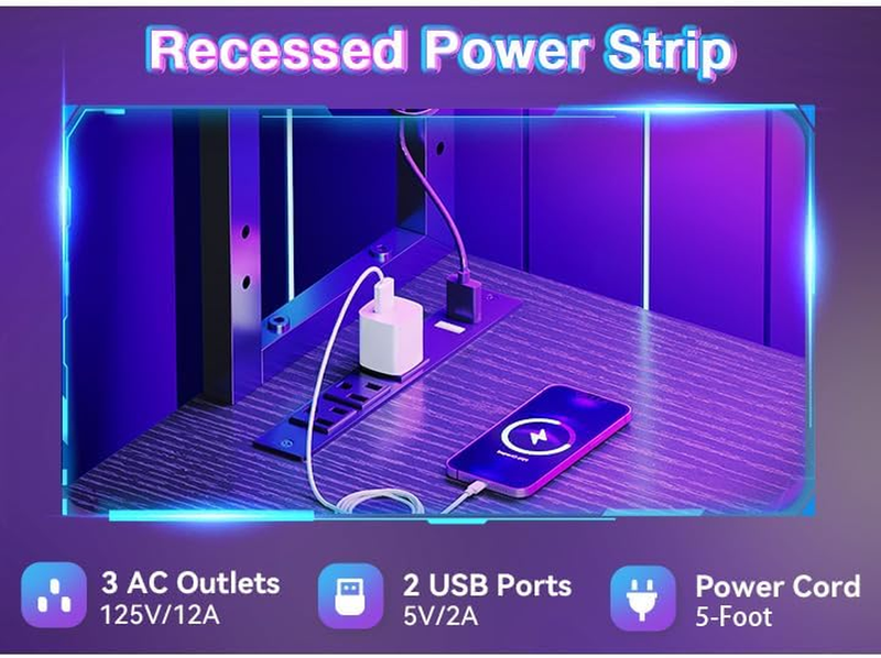 L Shaped Gaming Desk 53in LED Power Outlet Reversible Computer Desk Black4