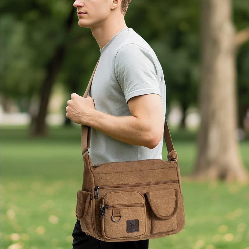 Canvas Shoulder Bag Men Multi Pockets 13 Inch Laptop Crossbody Sling Travel Bag2