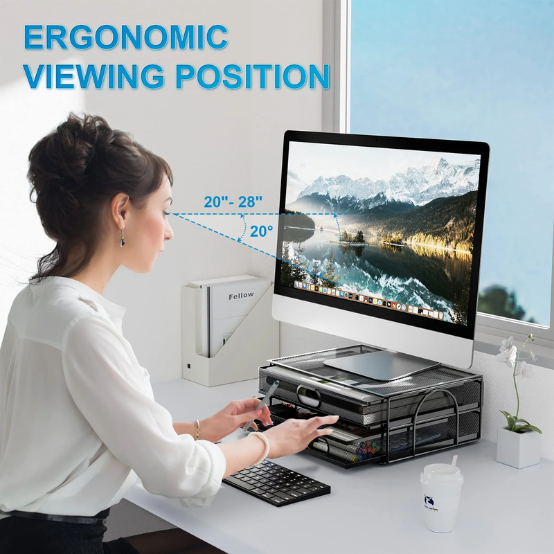 Monitor Stand with Drawer, Monitor Stand, Metal Mesh Desk Organizer with Three P1