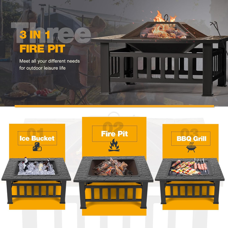 Outdoor Fire Pit, 32 Inch Firepit Table Metal Outdoor Fireplaces with Waterproof3