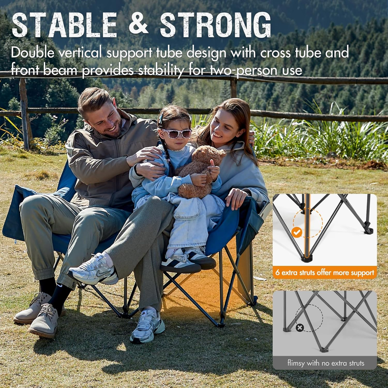Double Camping Chair 2 Person Folding Loveseat 600lbs Cup Holder Portable3
