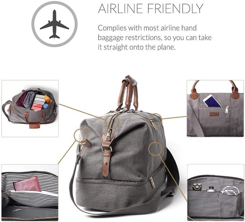 Canvas Weekender Duffle Bag Grey Carry On Travel Tote w/ Shoe Pouch4