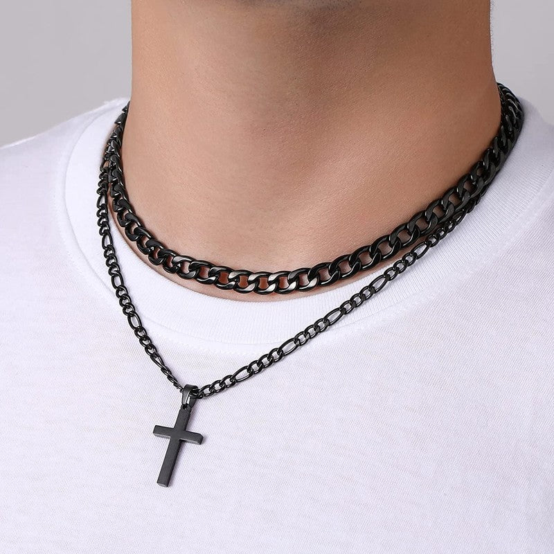 Layered Black Cross Necklaces for Men Cuban Figaro Chain Set Gift for Dad3