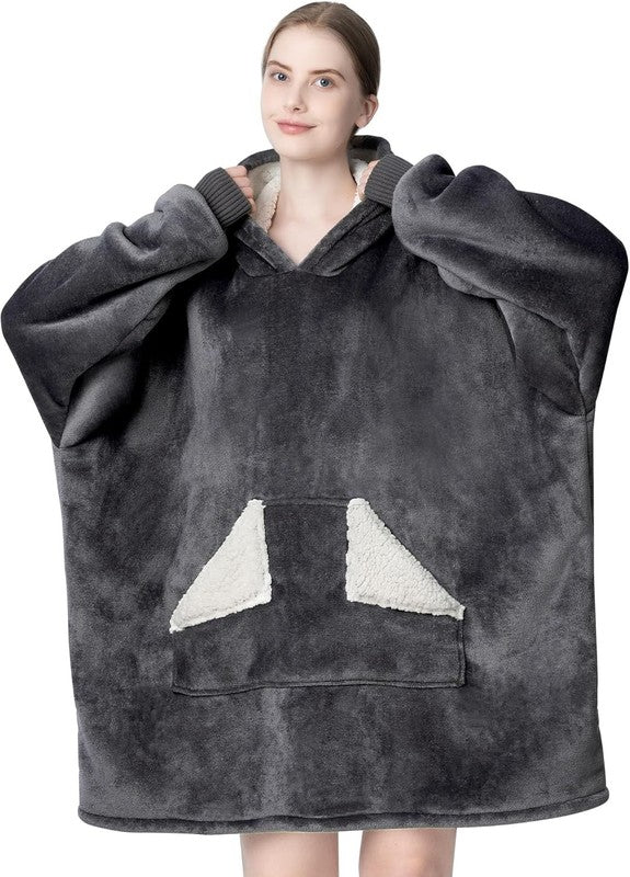 Wearable Blanket Hoodie, Oversized Sherpa Fleece Sweatshirt Blanket with Giant H1