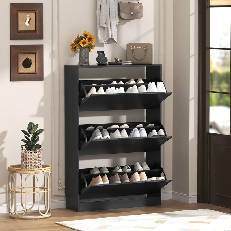 47'' Shoe Cabinet 3 Flip Drawers Slim Wood Storage Rack Organizer Entryway Black0