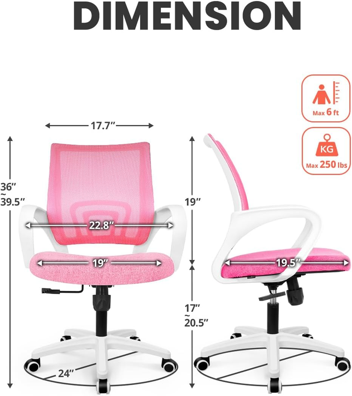Mesh Office Desk Chair Ergonomic Mid Back Lumbar Support Swivel Pink2