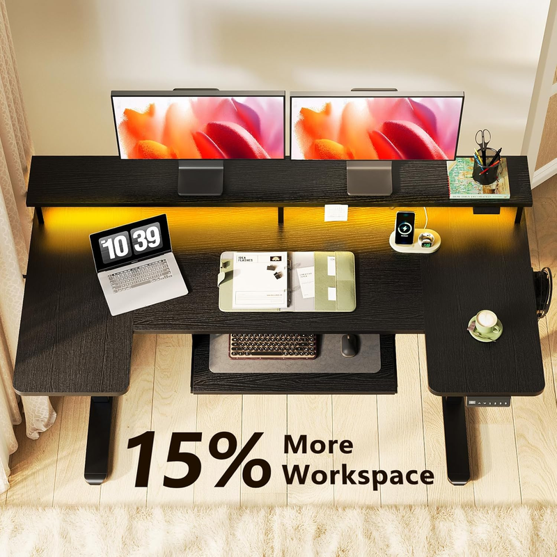 55" U Shaped Electric Standing Desk w/ Keyboard Tray LED Lights Black4