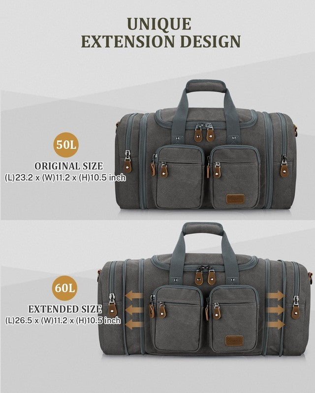 Expandable 60L Canvas Duffle Bag Grey Travel Gym Weekender Carry On3