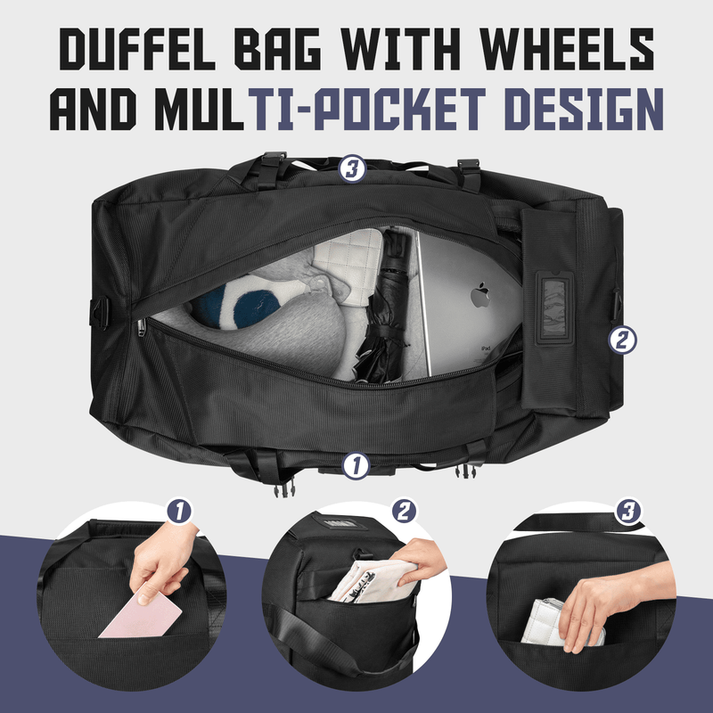 34 Inch Foldable Rolling Duffle Bag, 90L Water Resistant Multi Use Travel Bag wi7