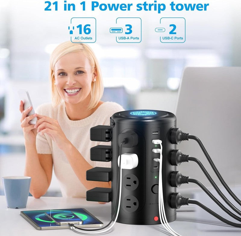 Tower Power Strip Surge Protector with 16 Outlets and 5 USB Ports (2 USB-C), 6FT1
