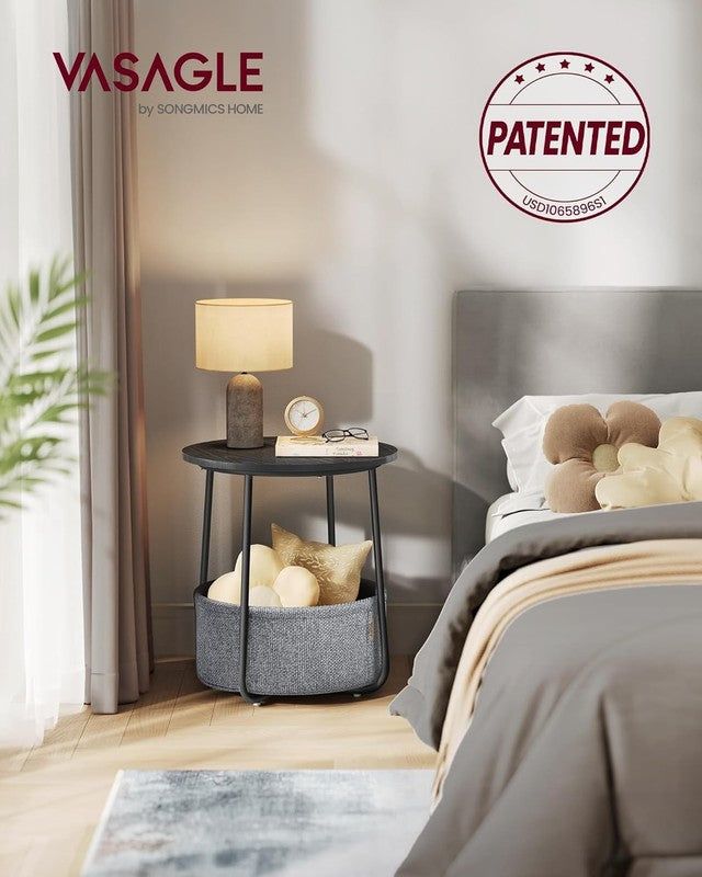 Small Round Side Table Nightstand with Fabric Basket Ebony Black Slate Gray2