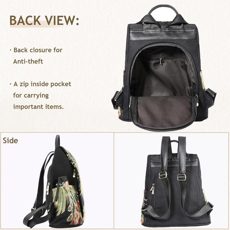 Women Glitter Embroidery Backpack Canvas Anti Theft Travel Shoulder Bag Black3