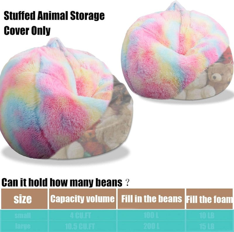 Fluffy Stuffed Animal Storage Bean Bag Cover Faux Fur Rainbow2