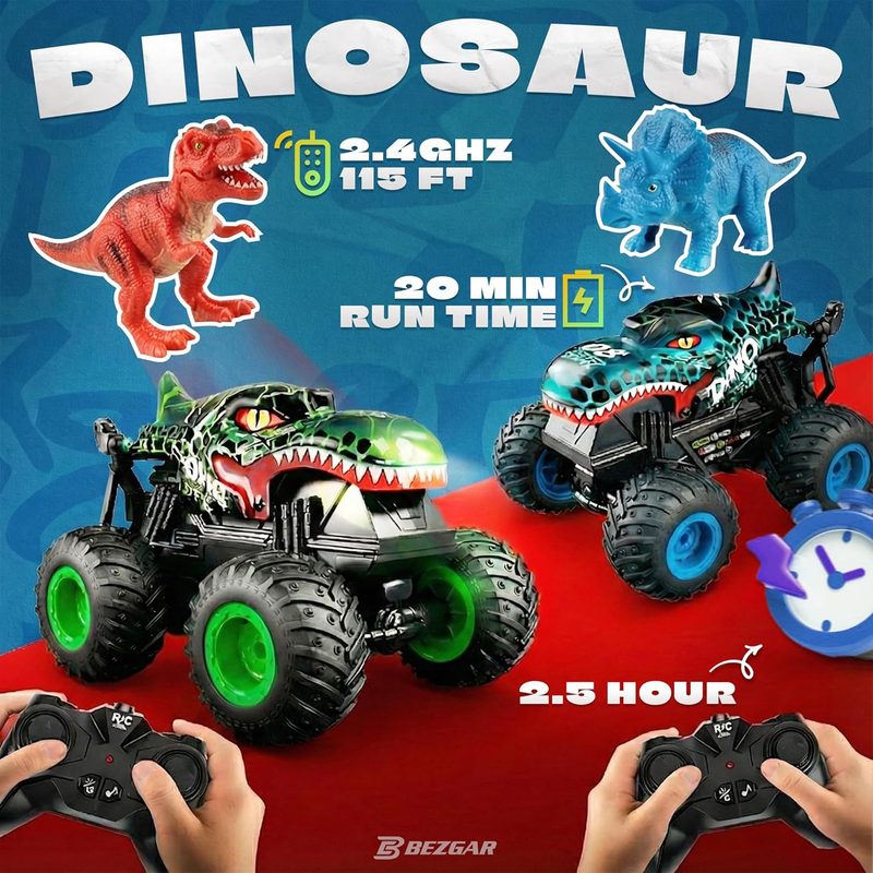 RC Monster Truck Toy Dinosaur Car Light Music 30° Spin Drifting Kids Blue4